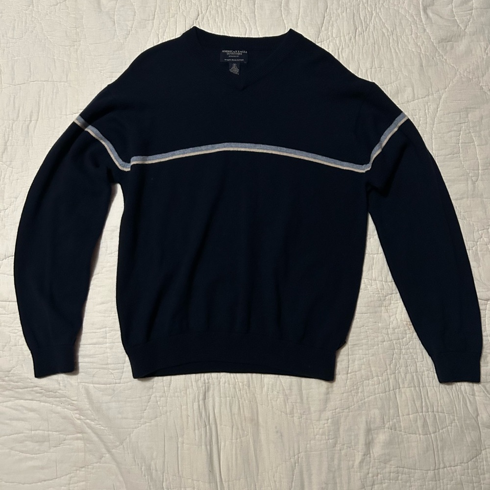 American Eagle Outfitters V-Neck Sweater in Navy with Gray Accent